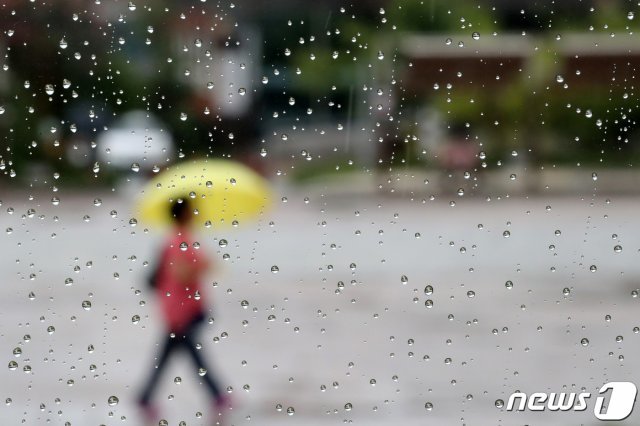 광복절인 15일 오후 경기도 수원시 팔달구 화성행궁 광장에서 시민들이 우산을 쓴 채 걷고 있다. 2019.8.15/뉴스1 © News1