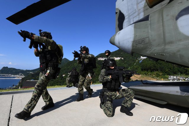 25일 오전 해군이 동해 영토수호훈련을 시작한 가운데 대한민국 육군 특전사요원들이 대형수송헬기치누크(CH-47)로 울릉도에 상륙한 후 경계 근무를 펼치고 있다. 독도방어훈련은 26일까지 실시된다. (해군본부제공)2019.8.25/뉴스1 © News1