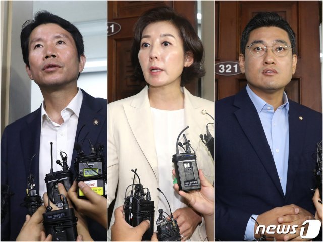 이인영 더불어민주당, 나경원 자유한국당, 오신환 바른미래당 원내대표가 26일 오전 서울 여의도 국회 운영위원장실에서 조국 법무부 장관 후보자 인사청문회 관련 및 정치개혁특별위원회 관련 3당 원내대표 회동을 마치고 취재진의 질문에 답하고 있다. 2019.8.26/뉴스1 © News1