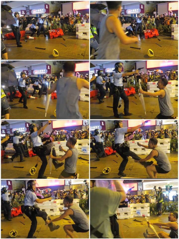 피스톨맨을 발로 차서 진압하는 홍콩 경찰. 사진=트위터
