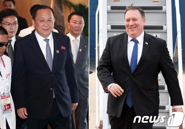 리용호 북한 외무상(왼쪽)과 마이크 폼페이오 미국 국무장관. (뉴스1 DB) 2018.8.2/뉴스1
