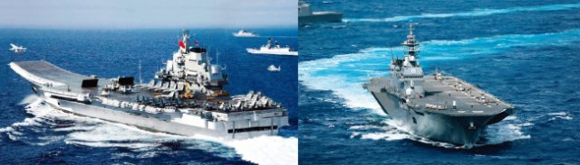 중국 해군 항공모함 랴오닝호가 대만해협을 통과하고 있다(왼쪽). 일본이 경항모로 개조할 헬기 탑재 호위함 이즈모호. [PLAN, JSMDF]
