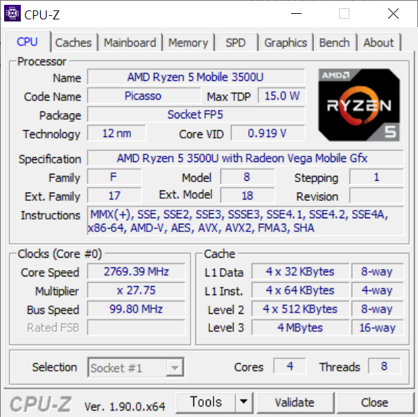 CPU-Z로 확인한 AMD 라이젠5-3500U의 제원 (출처=IT동아)