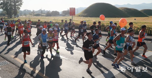 동아일보 2018 경주국제마라톤에 참가한 선수들이 황남동 고분공원 옆을 힘차게 달리고 있다. 동아일보DB