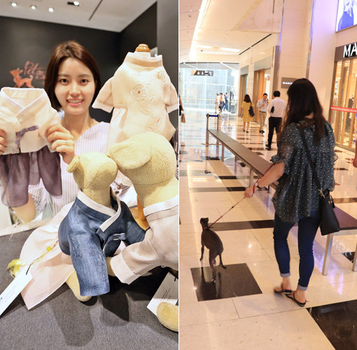갤러리아명품관의 반려동물 한복 맞춤 서비스(왼쪽)와 매장에 반려동물 입장을 허용한 서울 여의도 IFC몰. 유통업계가 ‘펫팸족’을 겨냥한 상품 및 서비스 출시에 열을 올리고 있다. 사진제공｜한화 갤러리아·IFC몰