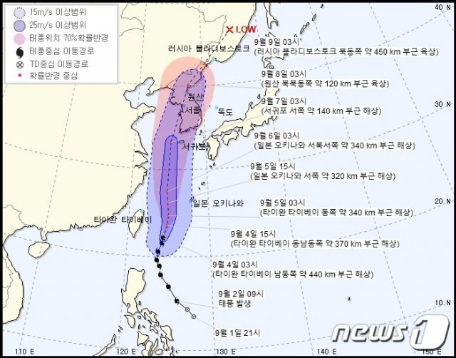 제 13호 태풍 ‘링링(Lingling)’의 이동경로(기상청 제공)© 뉴스1