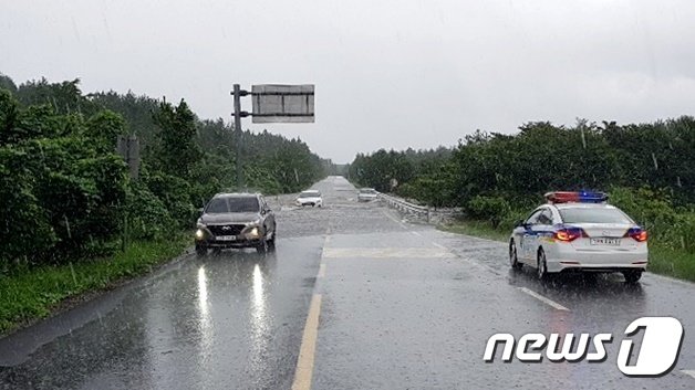 4일 오전 호우경보가 내려진 제주도 서귀포 남원읍 서성로에서 도로 침수로 차량들이 고립돼 있다.(제주소방안전본부 제공)2019.9.4/뉴스1© 뉴스1