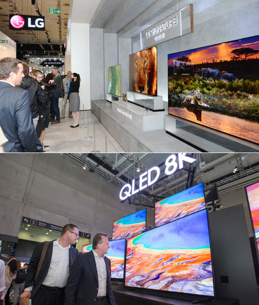삼성전자와 LG전자의 8K TV 시장 주도권 싸움이 뜨겁다. 6일 개막한 독일 베를린 가전전시회 IFA에 출품한 LG전자 8K 올레드TV(위쪽)와 삼성전자 QLED 8K TV. 사진제공｜LG전자·삼성전자