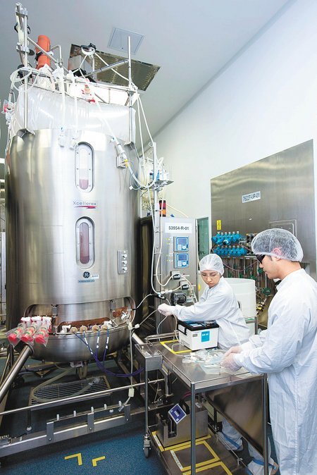 싱가포르 투아스 바이오메디컬파크에 입주한 암젠 바이오의약품 생산시설. 일회용품을 활용하는 단일사용시스템을 활용해 기구 세척 및 청소 비용을 절감했을 뿐만 아니라 짧은 시간에 다품종 의약품을 대량생산할 수 있게 됐다. 암젠 제공