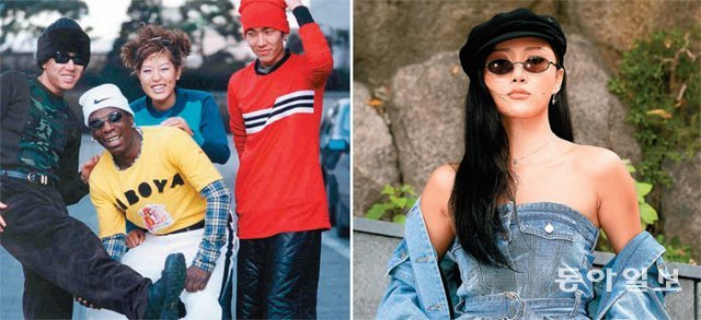 화려한 색상이 돋보이는 가수 룰라의 1997년 패션(왼쪽 사진), ‘청청패션’과 베레모, 타원형 선글라스로 완성한 마마무 화사의 90년대 스타일. 동아일보DB