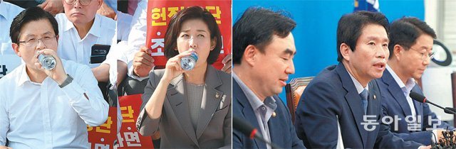 여야 지도부가 15일 추석 민심 기자간담회와 보고대회를 열고 각각 ‘민생 국회’와 ‘조국 법무부 장관 파면’을 강조했다. 발언하고 있는 더불어민주당 이인영 원내대표(오른쪽 사진 가운데). 보고대회에 참석한 자유한국당 황교안 대표(왼쪽 사진 왼쪽)와 나경원 원내대표가 물을 마시고 있다. 뉴시스·장승윤 기자 tomato99@donga.com