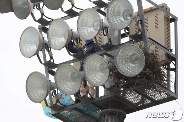 지난 6월 17일 오전 한 남성이 대구 동구 율하동 박주영축구장 안쪽 약 20ｍ 높이의 조명탑 꼭대기에 올라가 쇠사슬을 몸에 묶고 고공농성을 하는 모습 . 2019.6.17/뉴스1 © News1 DB