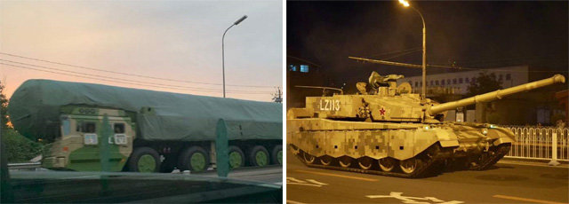 베이징 시민들이 SNS에 올린 中 최신무기 사진 14, 15일 중국 베이징 톈안먼 광장 일대에서 열린 
열병식 예행연습에서 최신형 신무기가 포착됐다. 트위터에는 미국 본토 전역을 사거리로 하는 대륙간탄도미사일(ICBM) 둥펑-41로 
보이는 미사일을 실은 군용차량이 베이징 도로를 이동하는 모습을 촬영한 사진(왼쪽 사진)과 주력전차 99A의 사진이 올라왔다. 
중국은 다음 달 1일 정부 수립 70주년을 기념해 대규모 열병식을 준비하고 있다. 사진 출처 트위터
