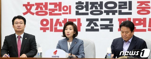 나경원 자유한국당 원내대표가 17일 서울 여의도 국회에서 열린 원내대책회의에서 모두발언을 하고 있다. © News1