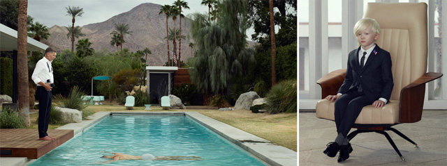 데이비드 호크니의 수영장 풍경에서 모티프를 따온 ‘아메리칸 드림―앨릭스와의 자화상’(왼쪽 사진). 셔츠를 입은 남성은 작가 에르빈 올라프 본인이다. 오른쪽 작품은 ‘은행, 상속자’. 공근혜갤러리 제공