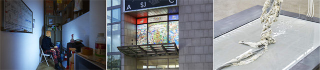 왼쪽 사진부터 윌 베네딕트와 스테펜 예르겐센의 설치 작품 ‘모든 출혈은 결국엔 멈춘다’, 최고은의 창문 설치 작품 ‘봄의 욕망의 정원’, 이미래의 ‘연루된 자들’. 아트선재센터 제공
