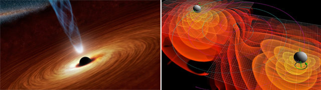 블랙홀은 강한 중력으로 시공간을 왜곡시킨다. 간혹 두 블랙홀이 합쳐지면서 일부 질량이 중력파를 발생시킨다. 왼쪽 사진은 블랙홀의 상상도. 오른쪽 사진은 충돌하는 두 블랙홀이 주변에 중력파를 발생시키는 모습을 그렸다. 중력파는 그동안 빛을 통해 관측하기 어려웠던 블랙홀 연구에 새 돌파구를 열었다. NASA 제공