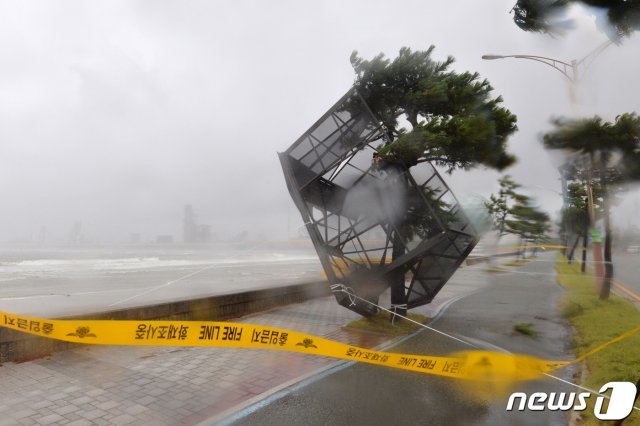 북상 중인 제17호 태풍 타파 간접영향권에 들어간 22일 경북 포항시 전역에 비바람이 몰아치고 있다. 남구 송도해수욕장 해안도로 가로수에 강풍에 날아온 대형 철 구조물이 위태롭게 걸려있다. © News1