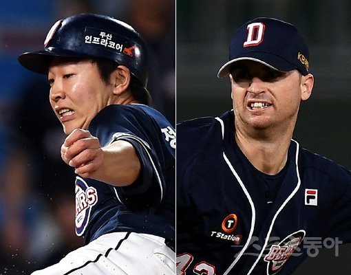 두산 정수빈(왼쪽)-후랭코프. 사직｜김민성 기자 marineboy@donga.com