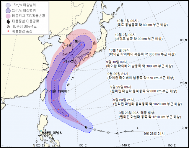 제18호 태풍 ‘미탁’ 예상 경로. 사진=기상청