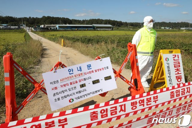 지난달 24일 경기 파주시의 한 양돈농가에서 아프리카돼지열병(ASF)이 추가로 발생해 방역당국이 출입을 통제하고 있다. 2019.9.24/뉴스1 © News1