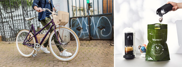 네스프레소는 1회용 캡슐 커피 사용 후 버려지는 알루미늄 캡슐을 수거해 재활용하는 프로그램을 펼치고 있다. 자전거 브랜드인 ‘벨로소피’와 협업해 재활용 자전거 ‘리:사이클(RE:CYCLE)’을 제작했다. 네스프레소 제공