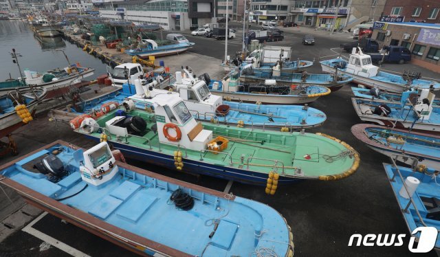 제18호 태풍 ‘미탁’(MITAG)이 북상 중인 1일 오전 울산시 북구 정자항에서 소형 어선들이 육지로 피항해 있다. © News1