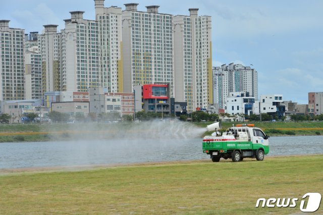 경북동물위생시험소 동부지소 기동방역팀이 20일 오후 포항시 남구 연일읍 유강리 형산강 일원에서 조류독감 사전 방역 작업을 하고 있다. 경북동물위생시험소는 철새 도래지인 형산강 등에서 한달에 두차례 이상 방역 작업을 실시하고 있다.2019.9.20/뉴스1 © News1