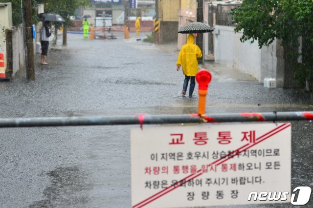 북상 중인 태풍 미탁 간접영향권에 들어간 2일 오후 경북 포항시 북구 장성동 장성시장 앞 도로가 폭우에 침수돼 통행이 제한되고 있다. 2019.10.2/뉴스1 © News1