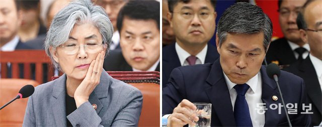 곤혹 강경화
 외교부 장관이 2일 국회 외교통일위원회 회의실에서 열린 외교부 국정감사에서 깊은 생각에 빠진 듯 눈을 감고 있다. 강 장관은 
5일 열릴 북-미 실무협상에 대해 “북한이 원하는 안전보장 문제도 논의될 것으로 예상한다”고 밝혔다(왼쪽 사진). 같은 날 서울 
용산구 국방부청사에서 열린 국회 국방위원회 국감에서는 정경두 국방부 장관이 질의를 듣는 도중 물을 마시고 있다. 안철민 
acm08@donga.com·장승윤 기자