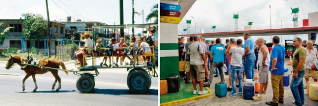 쿠바 학생들이 마차를 타고 등교하고 있다(왼쪽). 쿠바 수도 아바나의 한 주유소에 휘발유를 사려고 줄 서 있는 시민들. [위키피디아, Mecro Press]