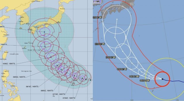 미국 합동태풍경보센터(JTWC·왼쪽)와 일본 기상청(오른쪽)이 예상한 제19호 태풍 하기비스의 이동 경로.