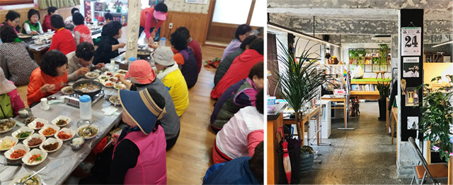 서울 구로구 개봉3동의 이심전심 마을회관 2층에서 주민들이 함께 만든 음식을 나눠 먹고 있다(왼쪽 사진). 동작구 상도동 성대골에 소셜벤처 블랭크가 설립한 예술가들을 위한 청춘캠프. 구로구·서울시 제공