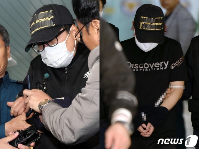 지난 5월2일 중학생 의붓딸을 살해하고 시신을 유기한 계부(31.왼쪽)의 범행에 공모한 친모(39.오른쪽)가 살인 혐의로 영장실질심사를 받기 위해 광주지방법원으로 압송되고 있는 모습. 2019.9.3 /뉴스1 © News1