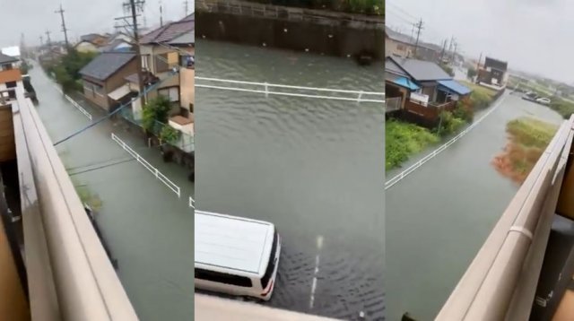 태풍 하기비스의 영향으로 시즈오카(?岡) 요시다(吉田)정의 한 도로가 물에 잠겼다(사진=소셜미디어 트위터)
