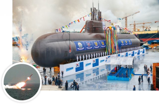 사거리 1000km 잠수함발사순항미사일(SLCM)인 해성-3(원 안)의 발사대를 6기 탑재한 3000t급의 도산 안창호급 잠수함의 진수식이 2018년에 있었다. 한국은 SLCM을 탑재한 잠수함을 실전배치했으나 북한은 아직까지 건조하지 못하고 있다. [사진 제공 · 국방부, 뉴시스]