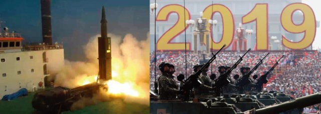 사거리 800km인 지대지탄도미사일 현무-2C. 미국은 이 미사일의 탄두 중량을 500kg으로 제한했는데, 2017년 문재인 정부는 1t으로 올리는 노력을 했다(성사 여부는 공개하지 않고 있음). 이 미사일의 탄두 중량 제한을 없앤다면 한국의 타격력은 월등히 강력해진다(왼쪽). 10월 1일 중국 베이징에서 열린 중국군 열병식. 중국은 미국을 때릴 수 있는 신형  대륙간탄도미사일(ICBM)을 공개했지만 중국의 힘은 중거리핵미사일에서 나오고 있다. [사진 제공 · 국방부, 신화=뉴시스]