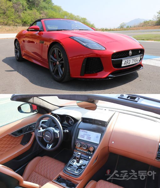 전 세계 자동차 마니아들로부터 완벽하게 아름다운 자동차라는 찬사를 듣고 있는 재규어 뉴 F-타입 SVR 컨버터블(위쪽). 레이싱 헤리티지를 담은 마름모 퀼팅이 적용된 퍼포먼스 시트와 곳곳에 적용된 SVR 로고가 특별함을 더하는 인테리어(아래쪽). 포천｜원성열 기자 sereno@donga.com