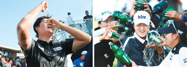 미국프로골프(PGA)투어 신인왕 임성재가 13일 한국프로골프(KPGA) 코리안투어 제네시스 챔피언십에서 7타 차를 뒤집는 대역전승으로 우승한 뒤 감격스러워하고 있다(왼쪽 사진). 여자골프 세계랭킹 1위 고진영은 같은 날 한국여자프로골프(KLPGA)투어 하이트진로 챔피언십을 제패한 뒤 동료들로부터 맥주 세례를 받았다. 제네시스·KLPGA 제공