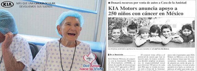 기아차 멕시코 법인의 노안 개안 수술 지원 사업과, 기아차가 소아암을 앓고 있는 어린이 250명의 수술을 지원한다는 내용을 소개한 멕시코 현지 신문 기사. 기아자동차 제공