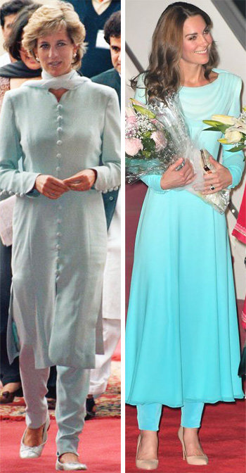 파키스탄 전통의상 입은 다이애나-미들턴 파키스탄을
 방문한 영국 왕실의 두 여성이 파키스탄 전통 의상 쿠르타를 입은 모습. 캐서린 세손빈(오른쪽 사진)은 하이힐을 신고 서구적인 
스타일의 쿠르타를 입은 반면 1996년 다이애나비는 신발과 의상에서 토속적인 분위기가 강하다. 데일리메일 웹사이트