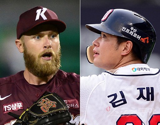 키움 요키시(왼쪽)-두산 김재환. 스포츠동아DB