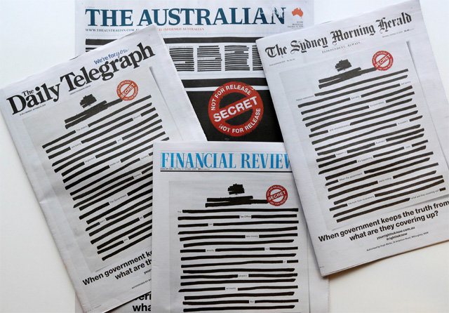 1면 기사 제목과 내용을 검은 줄로 지우고 발행한 21일자 호주 일간지들. AP 뉴시스