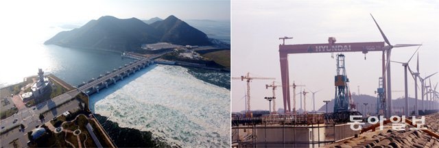 전북 군산 김제 부안에 걸쳐 만경강과 동진강의 하구에 건설되는 새만금. 33.9km인 방조제 길이를 따서 33센터라 불리는 전망대(왼쪽 타워 건물) 인근 상공에서 바라본 신시배수갑문을 통해 서해 바닷물이 쏟아져 들어오고 있다. 하얀 우윳빛 포말이 이는 것은 해수 염도가 3.2%로 높기 때문이다. 드론 촬영(왼쪽 사진). 군산공단 현대중공업 조선소에 세워진 ‘말뫼의 눈물’의 주인공 골리앗 ‘코쿰스 크레인’. 새만금=박영철 기자 skyblue@donga.com