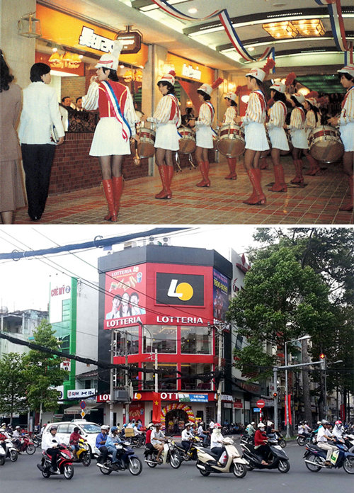 롯데리아는 1979년 국내 처음으로 매장을 열면서 햄버거를 소개했다. 1호점인 소공점이 문을 열면서 행사를 진행하고 있다. 아래 사진은 베트남에 문을 연 쩐흥다오 매장. 롯데리아 제공