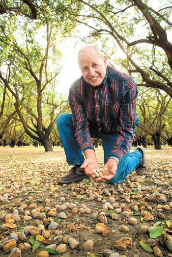미국 캘리포니아에서 대규모 아몬드 농장을 운영하고 있는 데이브 피핀 씨가 ‘셰이커’로 흔들어 땅에 떨어진 아몬드를 손에 쥐며 웃고 있다. 그는 “한국 소비자를 위한 맞춤형 아몬드 생산에 최선을 다하고 있다”고 했다. 미국 캘리포니아아몬드협회 제공