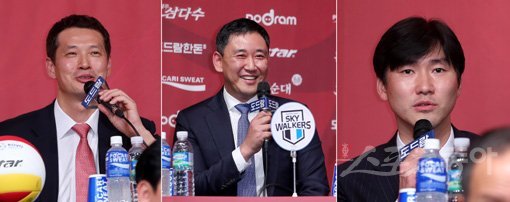 10일 서울 청담동 리베라호텔에서 ‘2019-2020 도드람 V리그’ 남자부 미디어데이가 열렸다. 한국전력 장병철 감독과 현대캐피탈 최태웅 감독, OK저축은행 석진욱 감독(왼쪽부터)이 출사표를 밝히고 있다. 김진환 기자 kwangshin00@donga.com