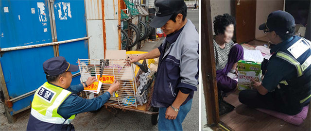 이웃순찰제 전담 경찰관들이 주민들을 만나 이야기를 듣고 있다. 부산의 3개 경찰서가 지난달부터 전국에서 처음으로 이 제도를 시범 운영 중이다. 부산지방경찰청 제공