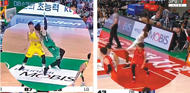 한국농구연맹(KBL)이 5일 페이크파울 명단과 함께 공개한 영상. DB 김종규가 수비수와 살짝 부딪친 후 양팔을 벌리며 넘어지고 있다(왼쪽 사진). 오른쪽 사진은 DB의 오누아쿠가 파울을 유도하려 과도한 몸짓을 하는 모습. KBL 제공