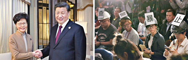 람 만난 시진핑 “폭력시위 엄중 처벌” 지시… 홍콩 언론인들 “폭력진압 조사하라” 4일 시진핑 중국 국가주석(왼쪽 사진 오른쪽)이 캐리 람 홍콩 행정장관과 상하이에서 만나 홍콩 반중 시위대의 폭력에 대한 엄중 처벌을 지시했다. 이날 홍콩 경찰이 주최한 기자회견에 참석한 언론인들이 헬멧에 “경찰을 조사하고 폭력을 멈추라”는 뜻의 ‘사(査), 경(警), 폭(暴), 지(止)’라는 글자를 한 자씩 붙이고 있다. 6월 9일부터 시작된 홍콩의 대규모 반중 시위는 5일 기준 150일째를 맞았다. 현재까지 총 3332명이 체포됐고 중국 당국의 무력 진압 우려도 고조되고 있다. 상하이·홍콩=AP 뉴시스